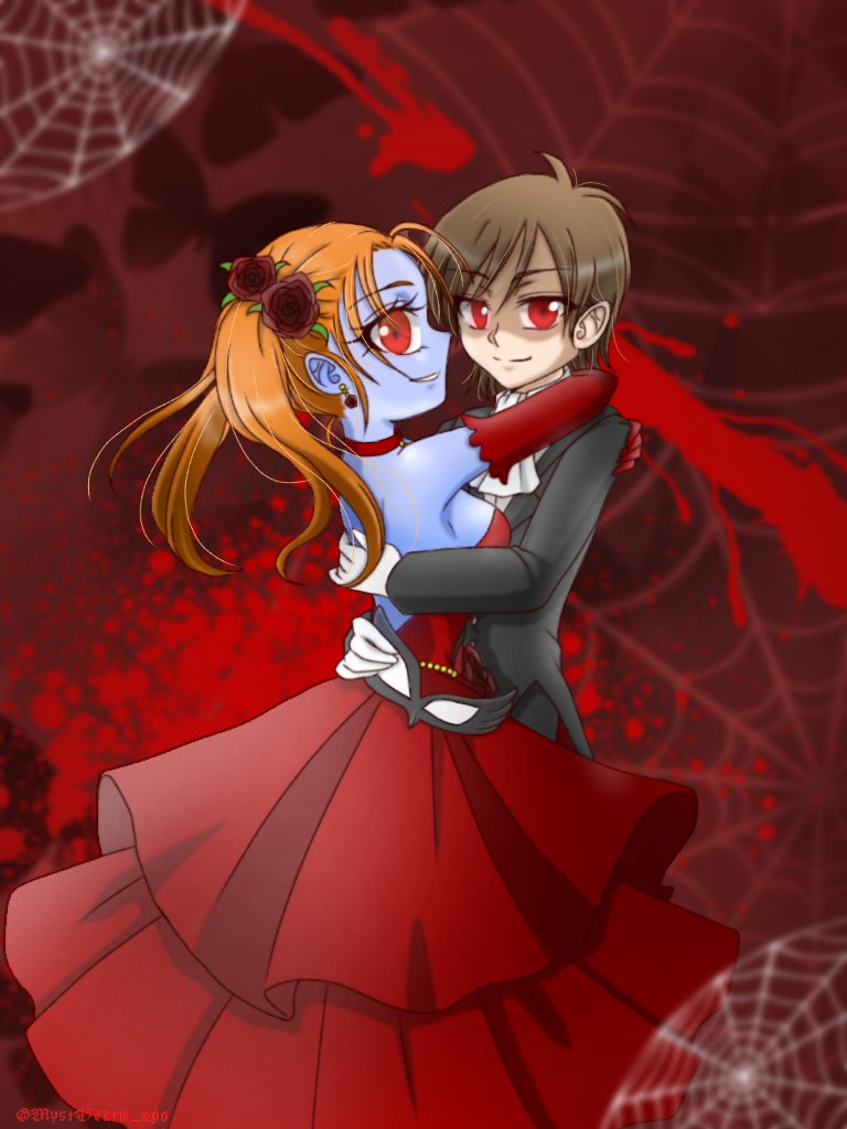 1boy, 1girl, alternate_costume, alternate_eye_color, alternate_skin_color, arms_around_another's_back, arms_around_another's_waist, arms_around_neck