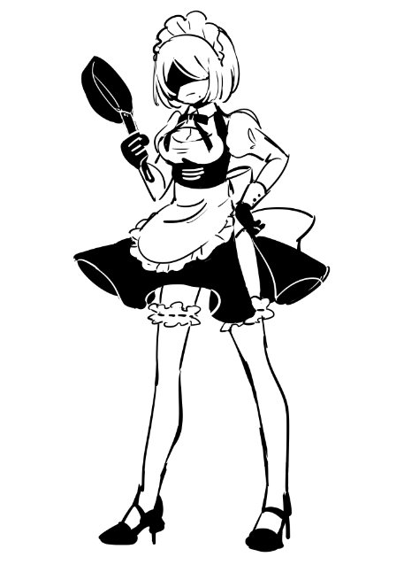 1girl, 2b_(nier:automata), apron, black_gloves, blindfold, breasts, cleavage, closed_mouth, frying_pan, full_body, gloves, greyscale, hair_between_eyes, holding, kumaponn, long_sleeves, maid, maid_apron, maid_headdress, mole, mole_under_mouth, monochrome, nier:automata, nier_(series), short_hair, solo, thighhighs, third-party_source, white_hair, white_thighhighs
