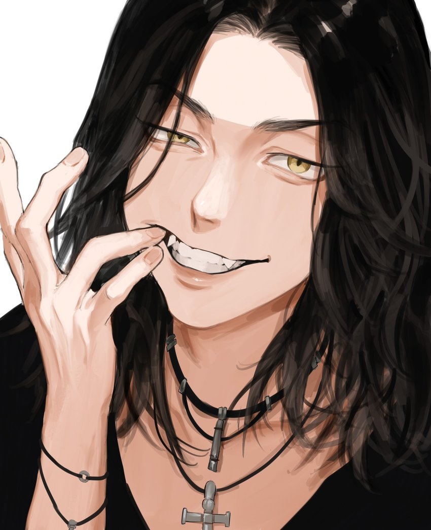 baji_keisuke, black_collar, black_hair, black_shirt, collar, highres, male_focus, medium_hair