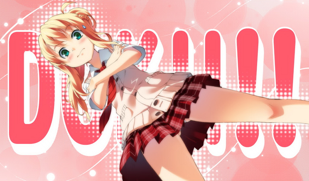 1girl, blonde_hair, blush, dutch_angle, female_focus, g_yuusuke, green_eyes, kayano_mina, panties, school_uniform, solo, sweatdrop, tapestry_-you_will_meet_yourself-, underwear