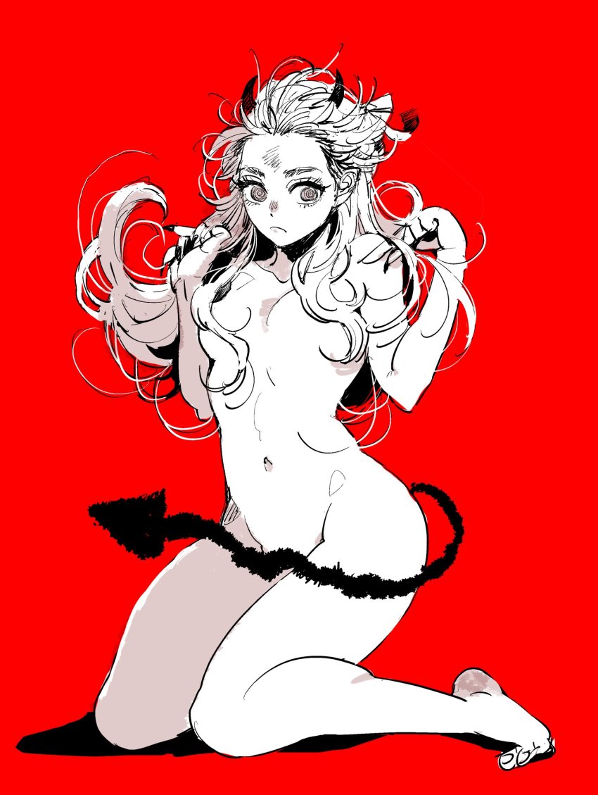 1girl, blush, breasts, convenient_censoring, dahlio, dorohedoro, earrings, highres, jewelry, long_hair, looking_at_viewer, monochrome, monster_girl, navel, noi_(dorohedoro), nude, open_mouth, red_eyes, simple_background, solo, tail, white_hair, aged_down