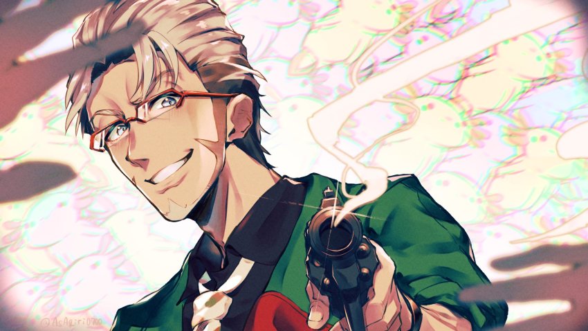 1boy, aiming, arurandeisu, asagiri0700, black_shirt, facial_hair, glasses, goatee