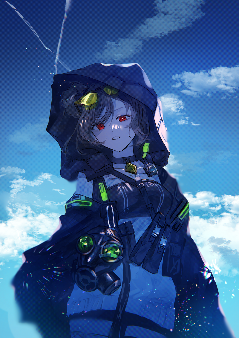 1girl, breasts, choker, cloud, cloudy_sky, commission, double_bun, gas_mask