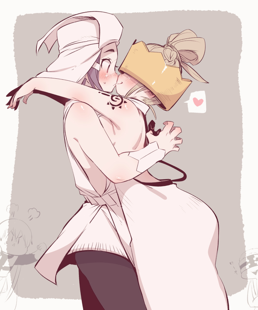 2boys, 2girls, absurdres, arrow_(en'en_no_shouboutai), black_hair, blonde_hair, blush, breasts, charon_(en'en_no_shouboutai), crown, en'en_no_shouboutai, haumea, heart, highres, medium_breasts, multiple_boys, multiple_girls, scar, scar_on_face, shimobaru, short_hair, shou_kusakabe, sideboob, smile, sweatdrop, yuri