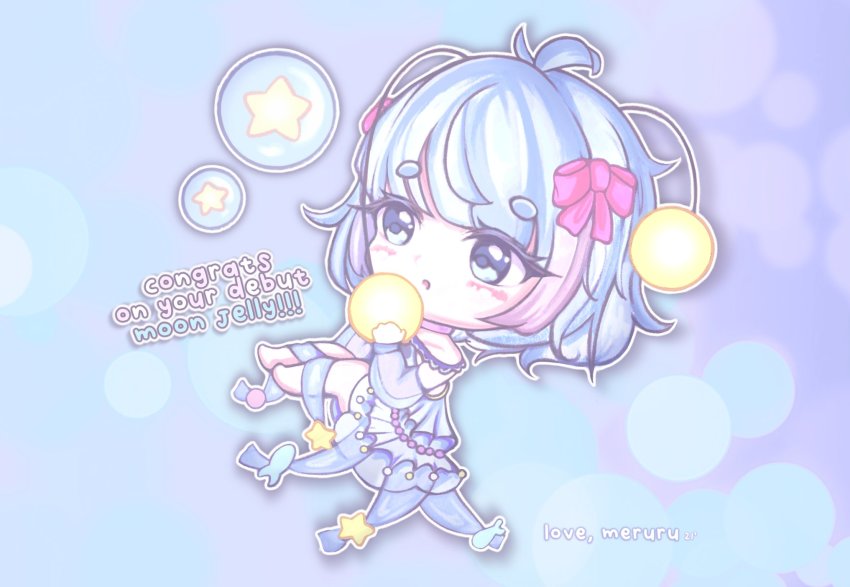 :o, antennae, barefoot, blue_dress, blue_eyes, blue_hair, bow, bubble