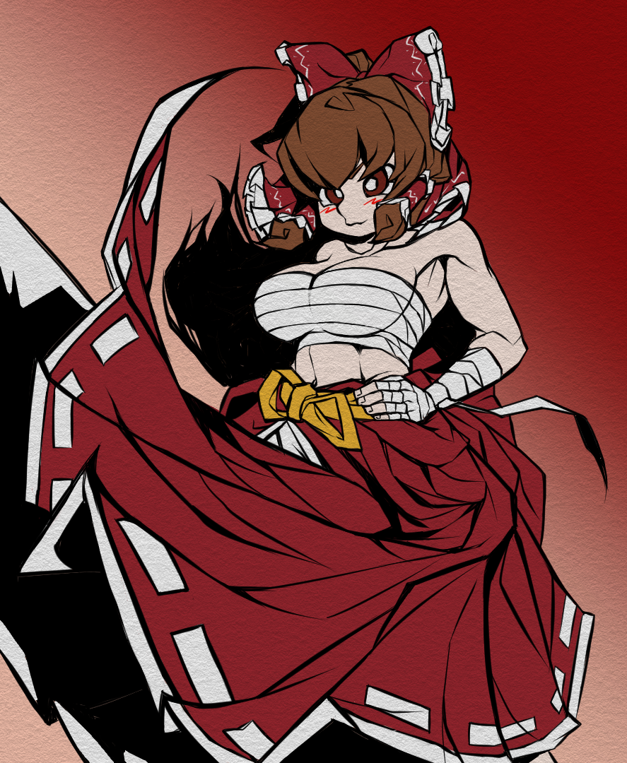 1girl, arm_wrap, blush, bow, breasts, brown_hair, chest_sarashi, cleavage