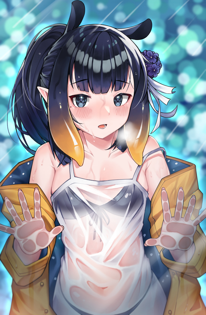 1girl, absurdres, black_bra, black_hair, blue_eyes, blunt_bangs, blush, bra, bra_visible_through_clothes, breasts, camisole, commentary_request, flower, gradient_hair, hair_flower, hair_ornament, highres, hololive, hololive_english, huge_filesize, jacket, libratul, long_hair, looking_at_viewer, mole, mole_under_eye, multicolored_hair, ninomae_ina'nis, off_shoulder, official_alternate_hairstyle, open_mouth, orange_hair, pointy_ears, ponytail, purple_flower, see-through_clothes, shirt, sidelocks, small_breasts, solo, tentacle_hair, underwear, violet_(ninomae_ina'nis), virtual_youtuber, wet, wet_clothes, wet_shirt, white_camisole
