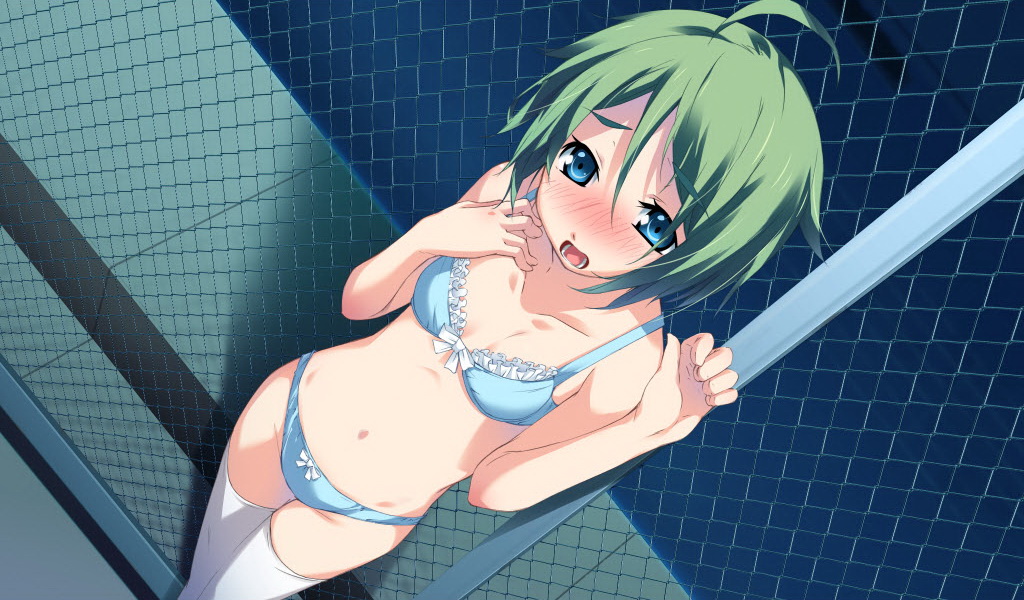 1girl, ahoge, blue_bra, blue_eyes, blue_panties, blush, bow, bow_bra, bow_panties, bra, female_focus, from_above, g_yuusuke, green_hair, jpeg_artifacts, lingerie, open_mouth, outdoors, panties, public_indecency, sakurai_saki, short_hair, solo, tapestry_-you_will_meet_yourself-, thighhighs, underwear, underwear_only, white_thighhighs