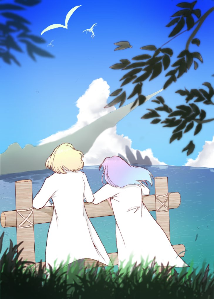 1boy, 1girl, bad_id, bad_twitter_id, blonde_hair, curved_horizon, day, fence