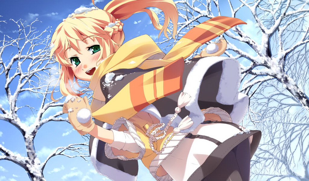 1girl, blonde_hair, blush, braid, day, dutch_angle, female_focus, g_yuusuke, gloves, green_eyes, kayano_mina, mittens, pantyhose, scarf, snow, solo, tapestry_-you_will_meet_yourself-, tree