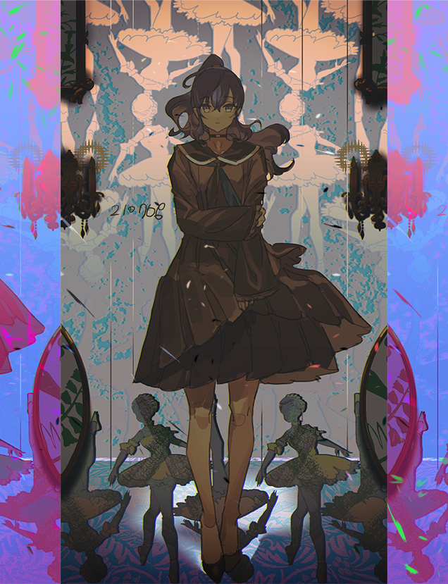 1girl, abstract_background, asahina_mafuyu, backlighting, bare_legs, black_sailor_collar, black_serafuku, border