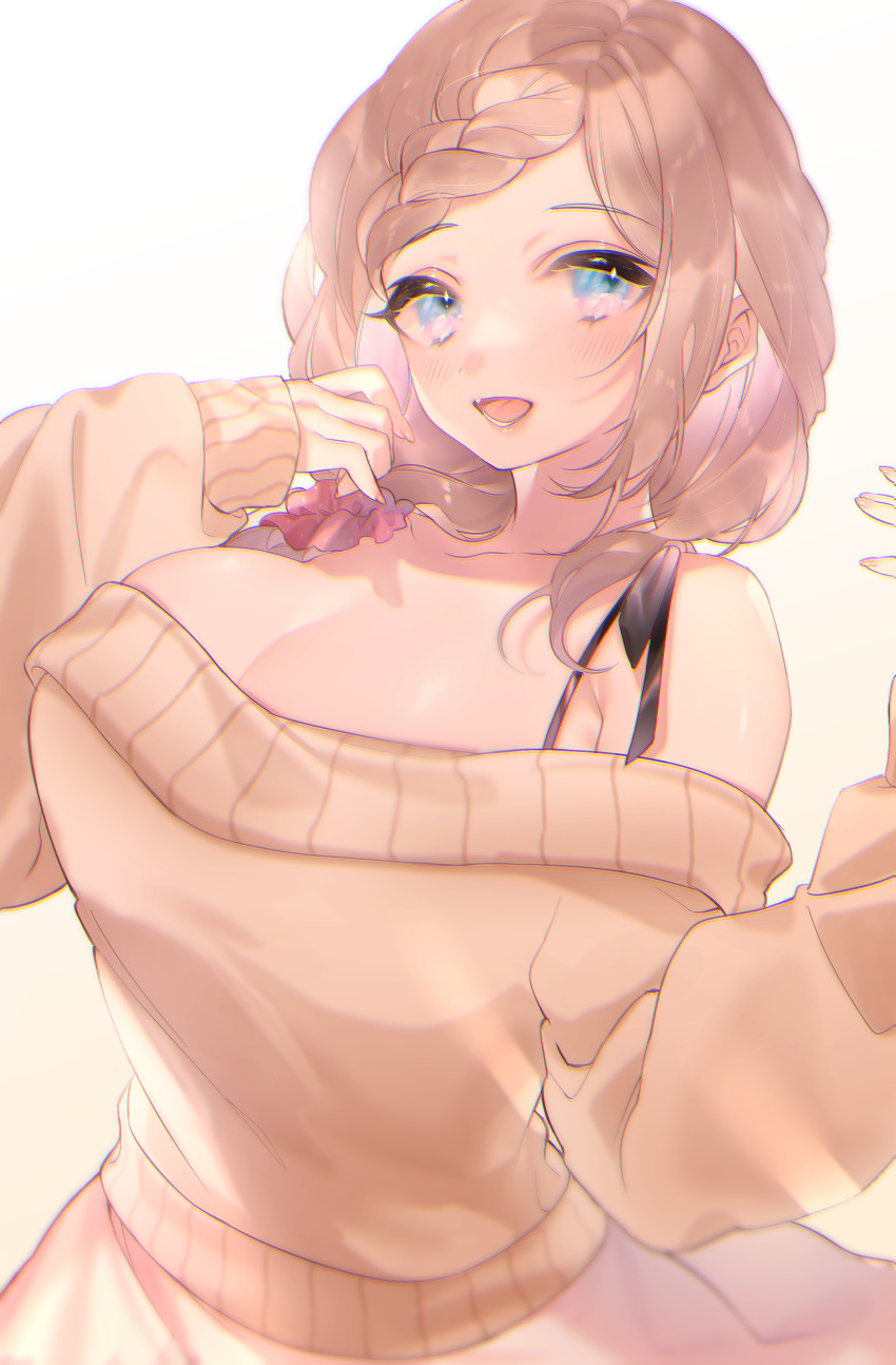 1girl, absurdres, bare_shoulders, blue_eyes, blush, braid, braided_bangs, breasts