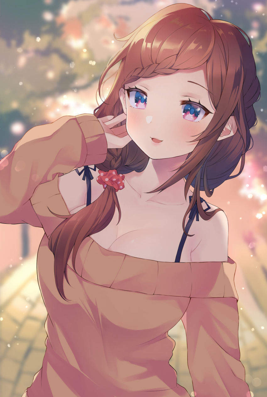 1girl, absurdres, bare_shoulders, blue_eyes, braid, breasts, brown_hair, cleavage