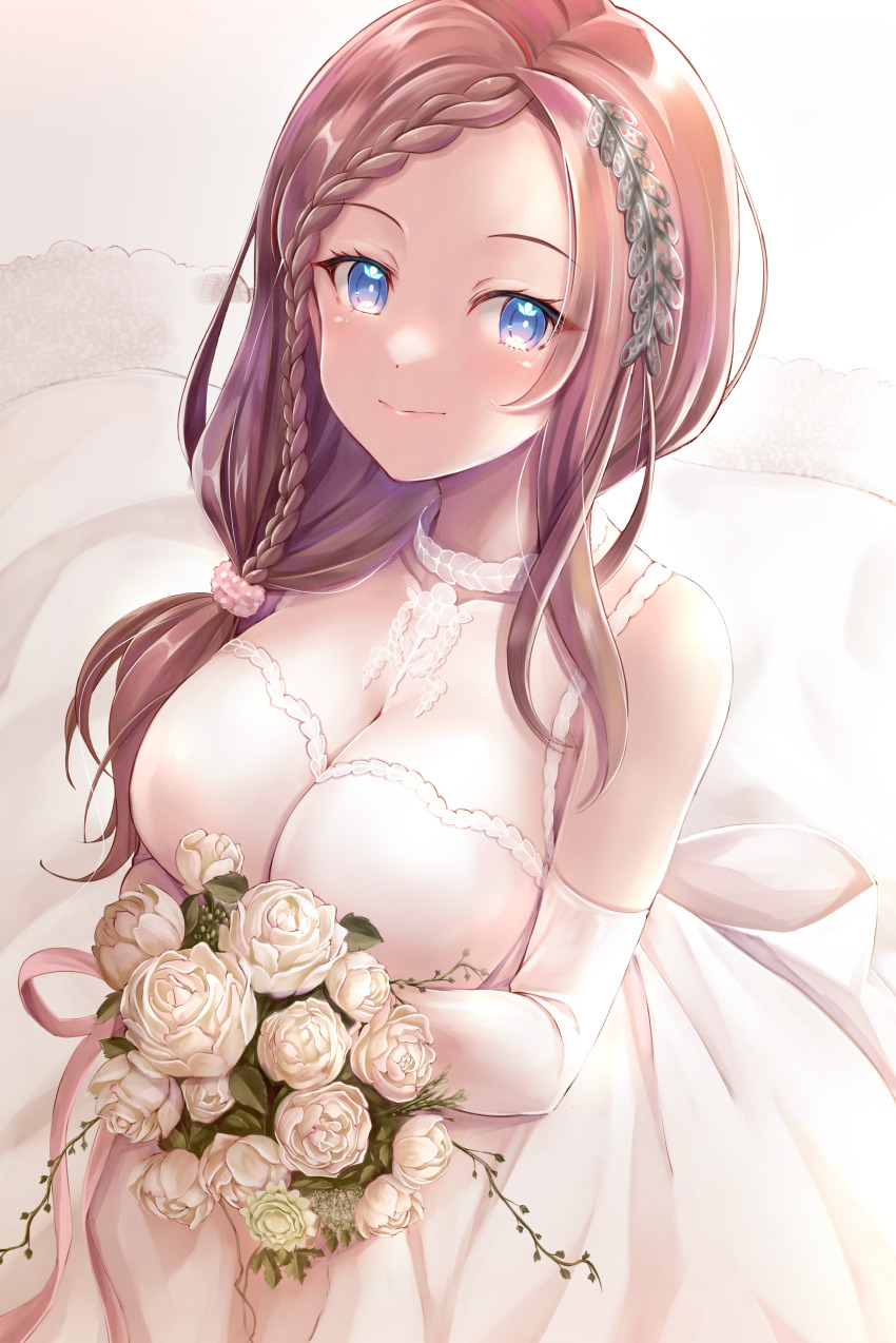 absurdres, blue_eyes, bouquet, braid, braided_bangs, breasts, brown_hair, commission, dress, flower, highres, indie_virtual_youtuber, large_breasts, pink_eyes, riona_(vtuber), skeb_commission, smile, virtual_youtuber, wedding_dress