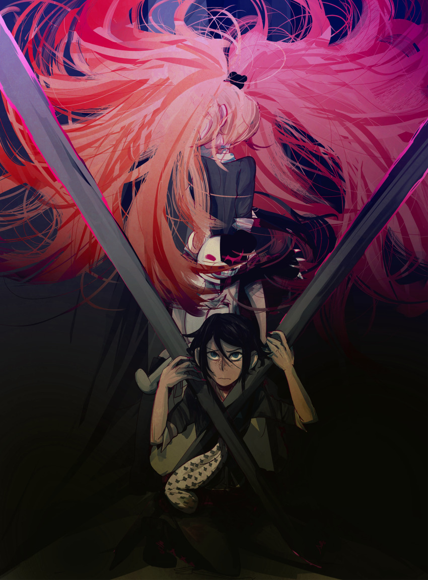 2girls, absurdres, alternate_costume, arms_behind_back, arms_up, back-to-back, bear_hair_ornament, black_hair, black_pants, black_shirt, blonde_hair, blood, blood_on_leg, bloody_weapon, blue_eyes, boots, collared_shirt, danganronpa:_trigger_happy_havoc, danganronpa_(series), ears_visible_through_hair, enoshima_junko, freckles, full_body, hair_ornament, hands_up, highres, holding, holding_stuffed_toy, ikusaba_mukuro, kneeling, long_hair, looking_up, medium_hair, monokuma, multiple_girls, necktie, neckwear_request, pants, polearm, shirt, short_sleeves, siblings, simple_background, sisters, spear, spears, stuffed_animal, stuffed_toy, theo_(artist), turning_head, twins, twintails, weapon, white_neckwear
