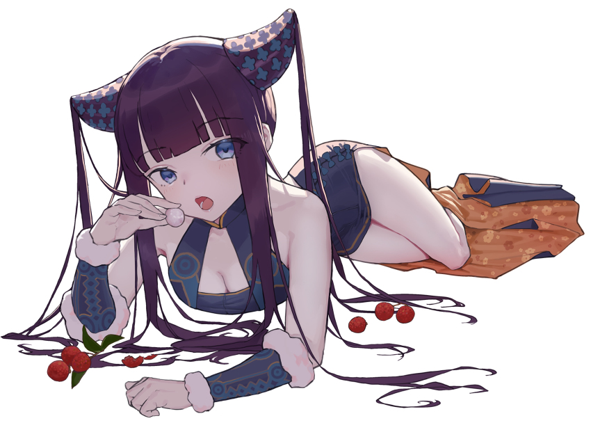 1girl, bare_shoulders, black_dress, blue_eyes, blunt_bangs, blush, breasts, china_dress