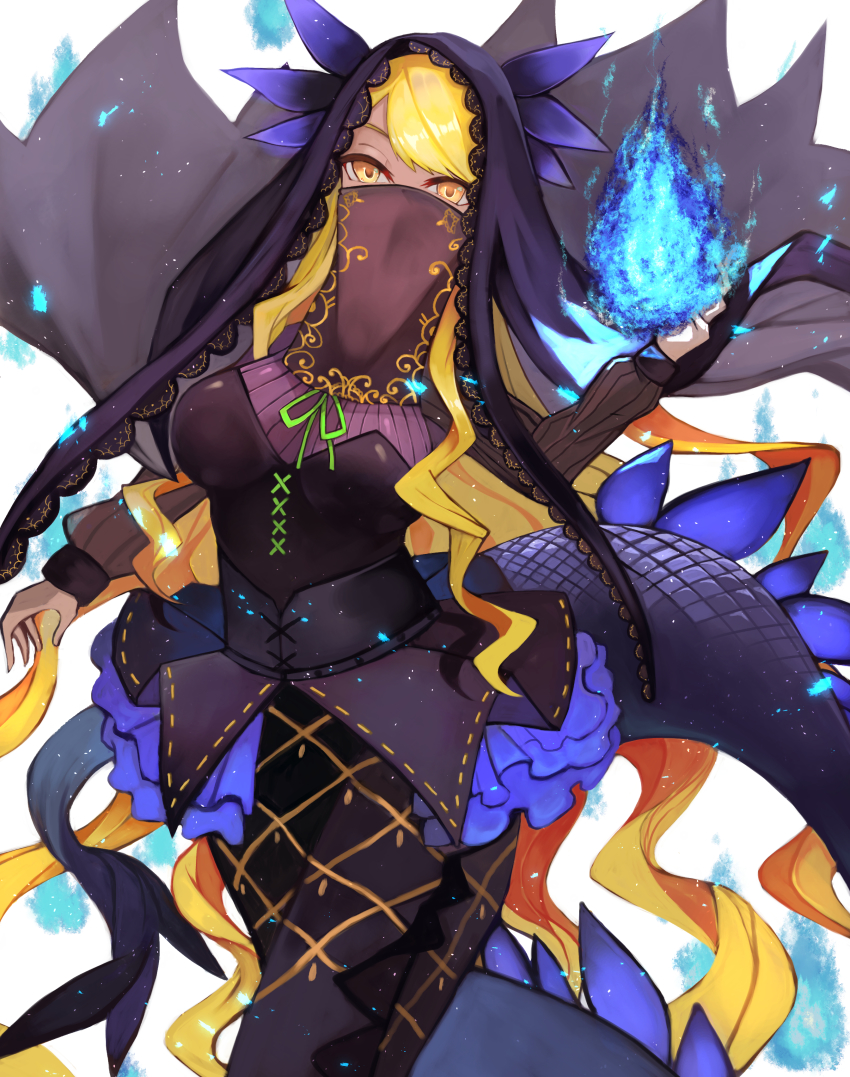 1girl, absurdres, blonde_hair, blue_fire, breasts, dark-skinned_female, dark_skin, dragon_girl, dragon_horns, dragon_tail, fate/grand_order, fate_(series), fire, haru_torimaru, highres, horns, large_breasts, long_hair, looking_at_viewer, mouth_veil, solo, swept_bangs, tail, veil, vritra_(fate), vritra_(first_ascension)_(fate), white_background, yellow_eyes