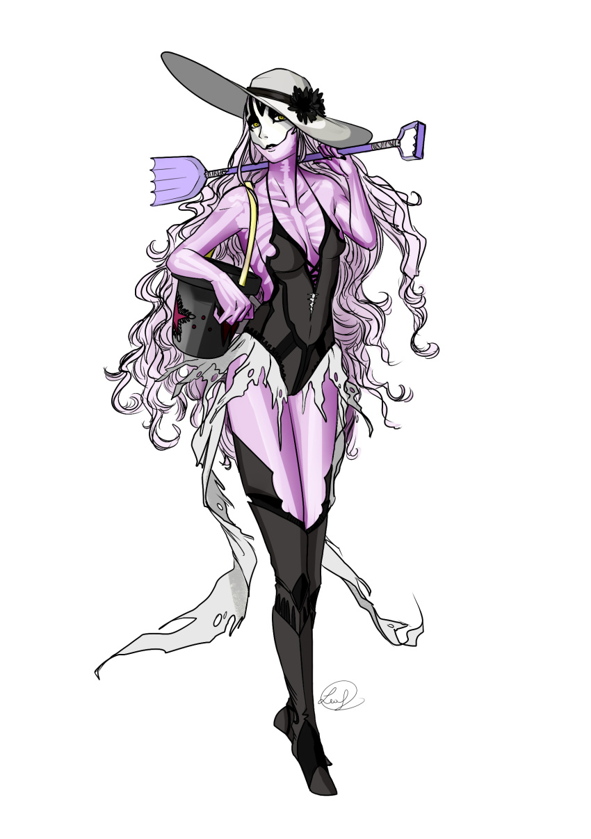 1girl, absurdres, alternate_costume, black_lips, breasts, bucket, fire_emblem, fire_emblem_heroes, full_body, grey_eyes, hat, hel_(fire_emblem), highres, holding, holding_bucket, holding_shovel, large_breasts, long_hair, looking_at_viewer, nintendo, salt_guardian_leaf, shovel, skeleton, sun_hat, swimsuit, thighhighs, white_hair