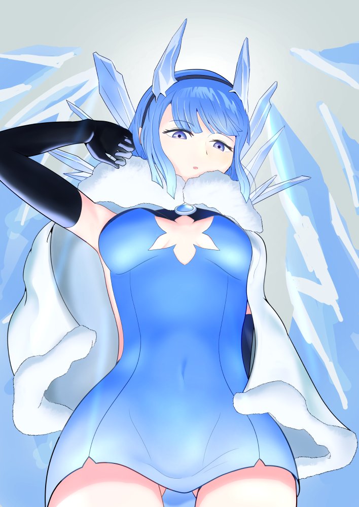 1girl, asymmetrical_bangs, bad_dobbyyyyy, blue_eyes, blue_hair, breasts, cape, cleavage_cutout, clothing_cutout, dress, elbow_gloves, fire_emblem, fire_emblem_heroes, from_below, gloves, ice, looking_down, medium_breasts, medium_hair, navel, nifl_(fire_emblem), nintendo, open_mouth, solo, thighs