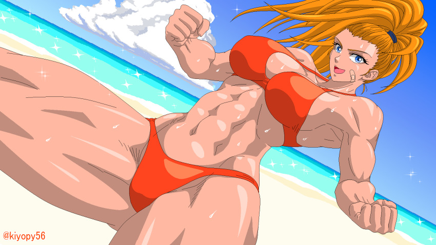 1girl, bandaid, bandaid_on_face, beach, bikini, blue_eyes, captain_mizuki, clenched_hand, cloud, highres, kiyopy, muscular, muscular_female, one-punch_man, open_mouth, ponytail, red_bikini, solo, swimsuit, water