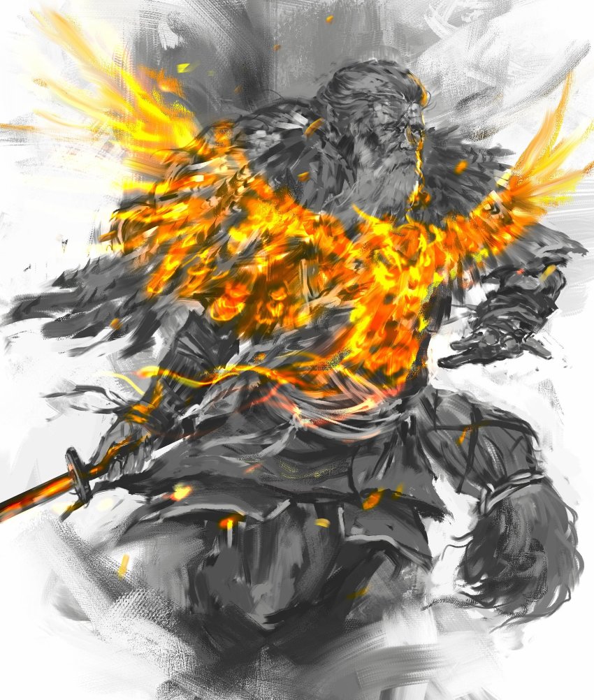 1boy, beard, bird, closed_mouth, cowboy_shot, facial_hair, fighting_stance, great_shinobi_owl