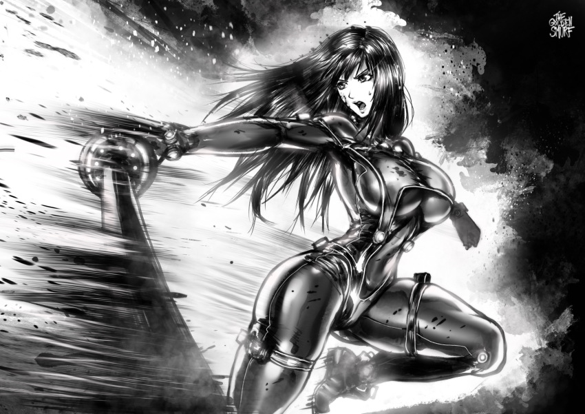 1girl, artist_name, bodysuit, breasts, gantz, gantz_suit, gantz_sword, greyscale, highres, impossible_bodysuit, impossible_clothes, large_breasts, long_hair, monochrome, motion_lines, narrow_waist, open_mouth, shimohira_reika, signature, solo, sweatdrop, sword, the_golden_smurf, weapon