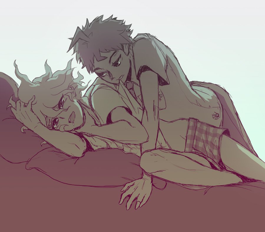 2boys, :d, ahoge, boxers, collared_shirt, commentary, danganronpa_(series), danganronpa_2:_goodbye_despair