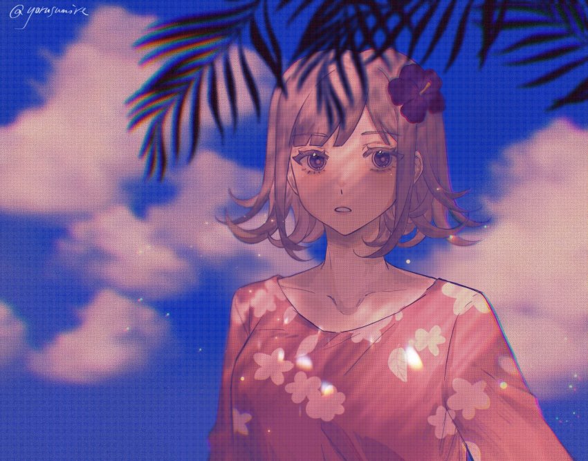 1girl, alternate_costume, blurry, blurry_background, blush, brown_eyes, brown_hair, commentary_request