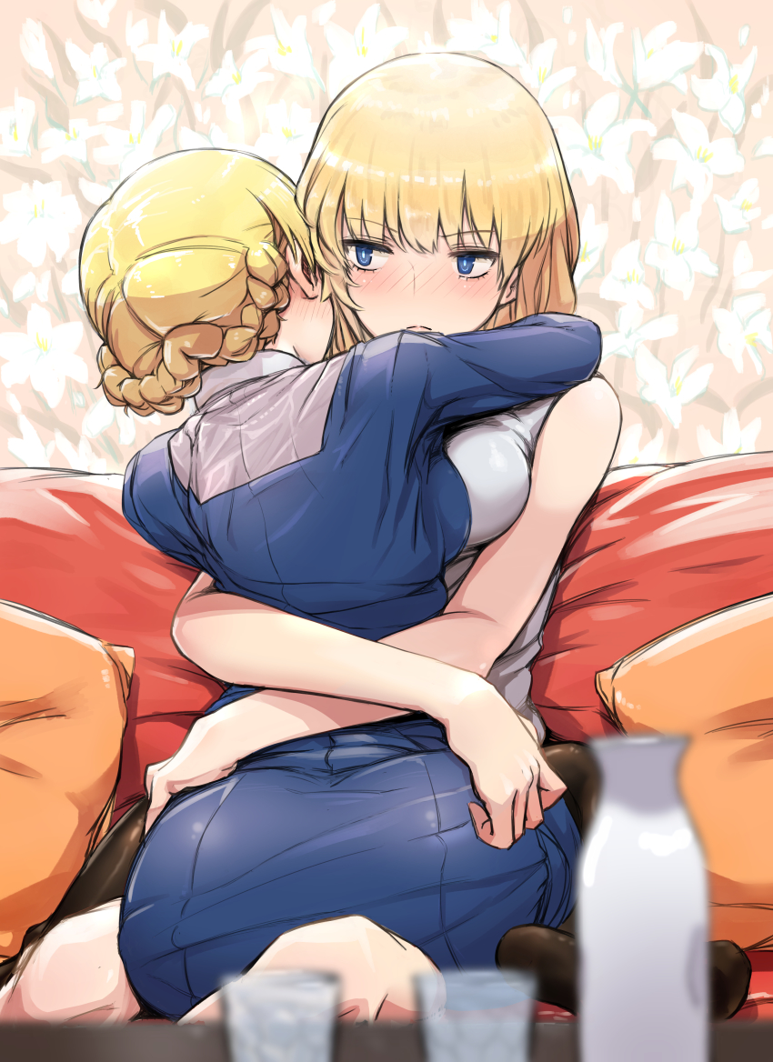 2girls, absurdres, aged_up, black_legwear, blonde_hair, blue_eyes, blush, braid, breasts, couch, darjeeling_(girls_und_panzer), earl_grey_(girls_und_panzer), floral_background, flower, french_braid, girls_und_panzer, highres, hug, large_breasts, lily_(flower), looking_at_another, multiple_girls, on_couch, oshiri_seijin, pantyhose, pillow, school_uniform, shiny_skin, sitting, st._gloriana's_school_uniform, yuri
