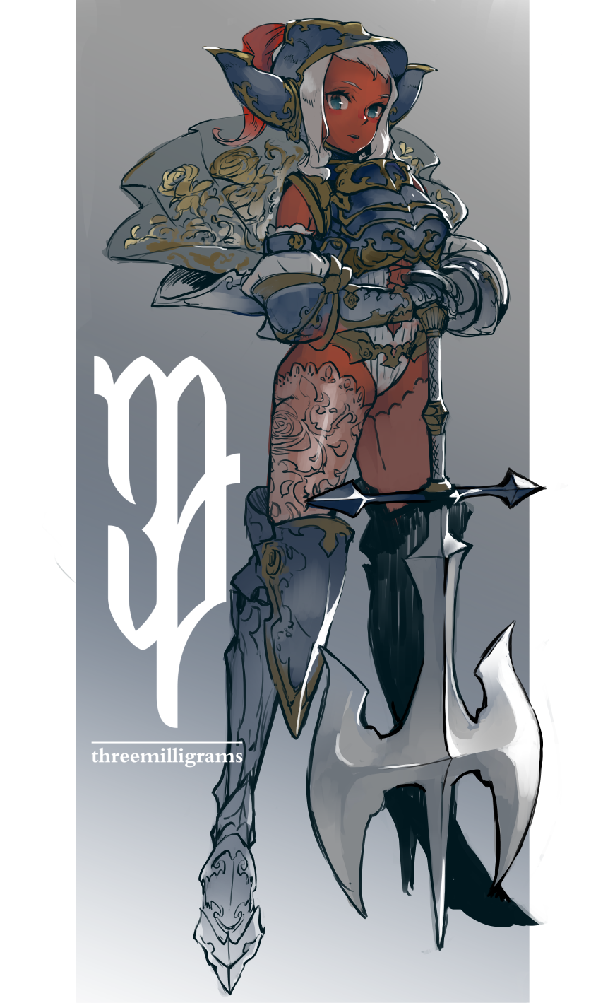 1girl, armor, armored_boots, axe, blue_eyes, boots, breastplate, dark-skinned_female, dark_skin, fantasy, female_focus, full_body, gauntlets, helmet, highres, knight, leotard, original, solo, standing, thighhighs, totoya_yuu, weapon, white_hair