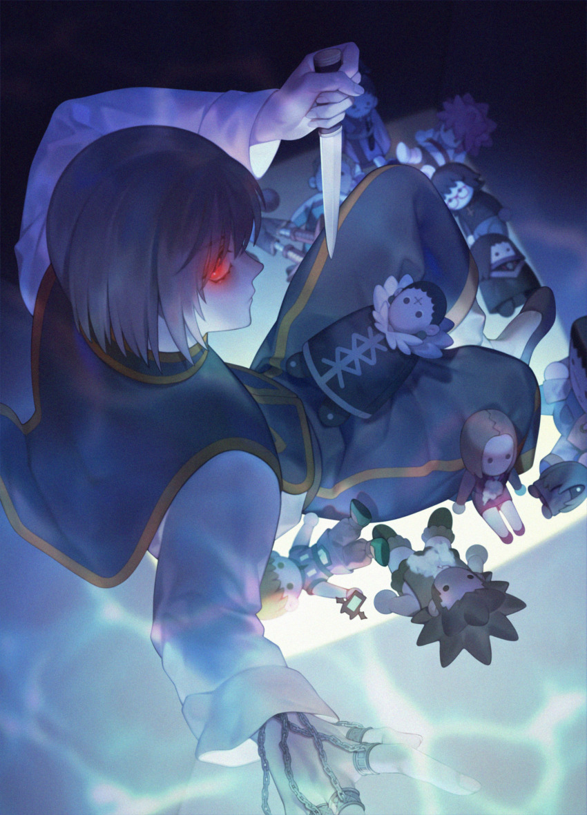 1boy, absurdres, bei1997, blonde_hair, bonolenov_ndongo, chain, character_doll, chrollo_lucilfer, dagger, doll, feitan_portor, franklin_bordeau, glowing, glowing_eyes, highres, holding, holding_dagger, holding_knife, holding_weapon, hunter_x_hunter, knife, korutopi, kurapika, looking_at_viewer, lying, machi_komacine, male_focus, nobunaga_hazama, on_back, pakunoda, phinks_magcub, red_eyes, shalnark, shizuku_murasaki, short_hair, solo, uvogin, weapon