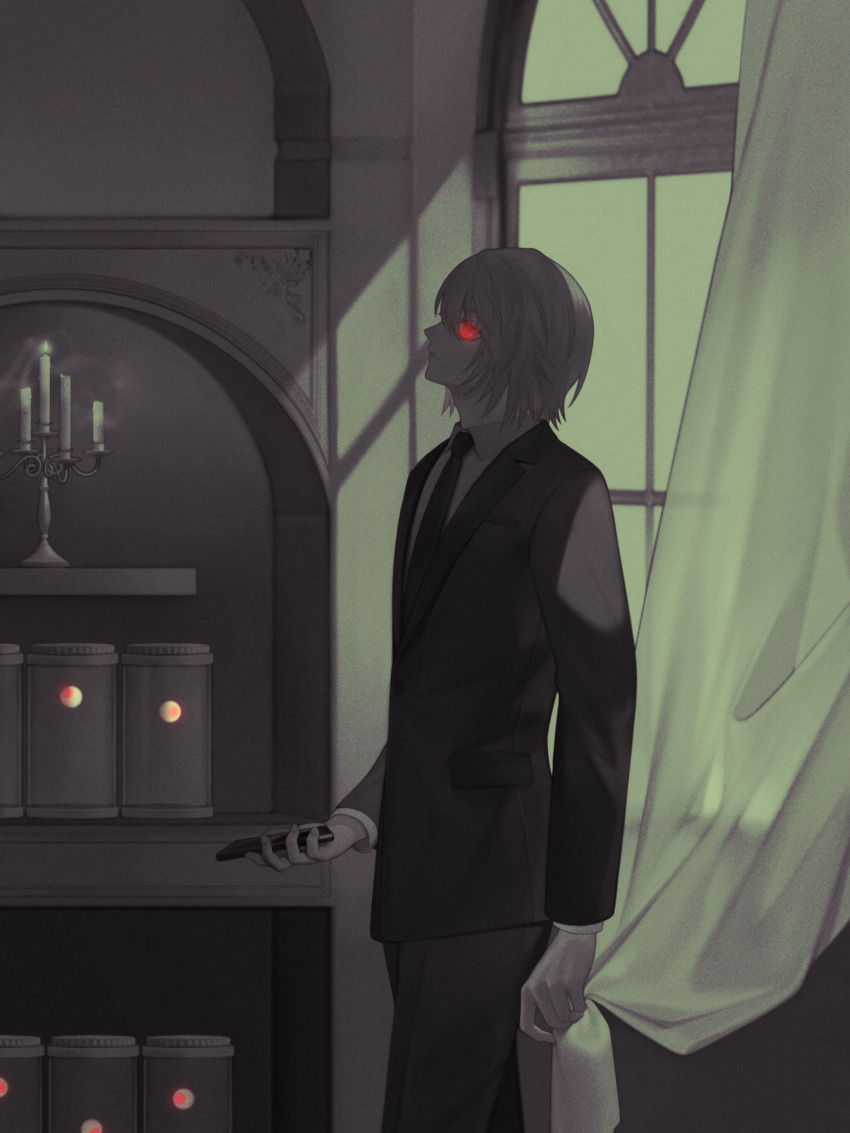 1boy, absurdres, bei1997, black_suit, blonde_hair, curtains, eyeball, formal_clothes