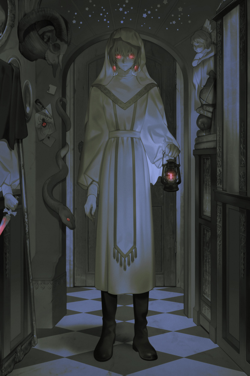 1boy, absurdres, alternate_costume, bei1997, blonde_hair, closed_mouth, dark, ear_piercing