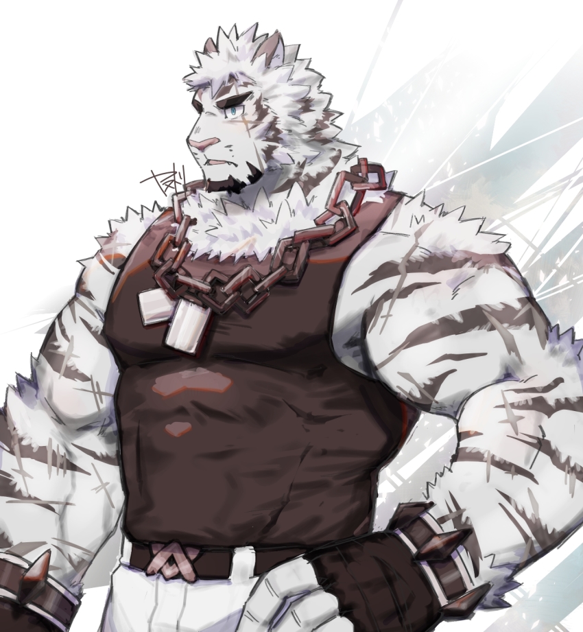 1boy, animal_ears, arknights, bara, bare_shoulders, black_tank_top, bulge, chain