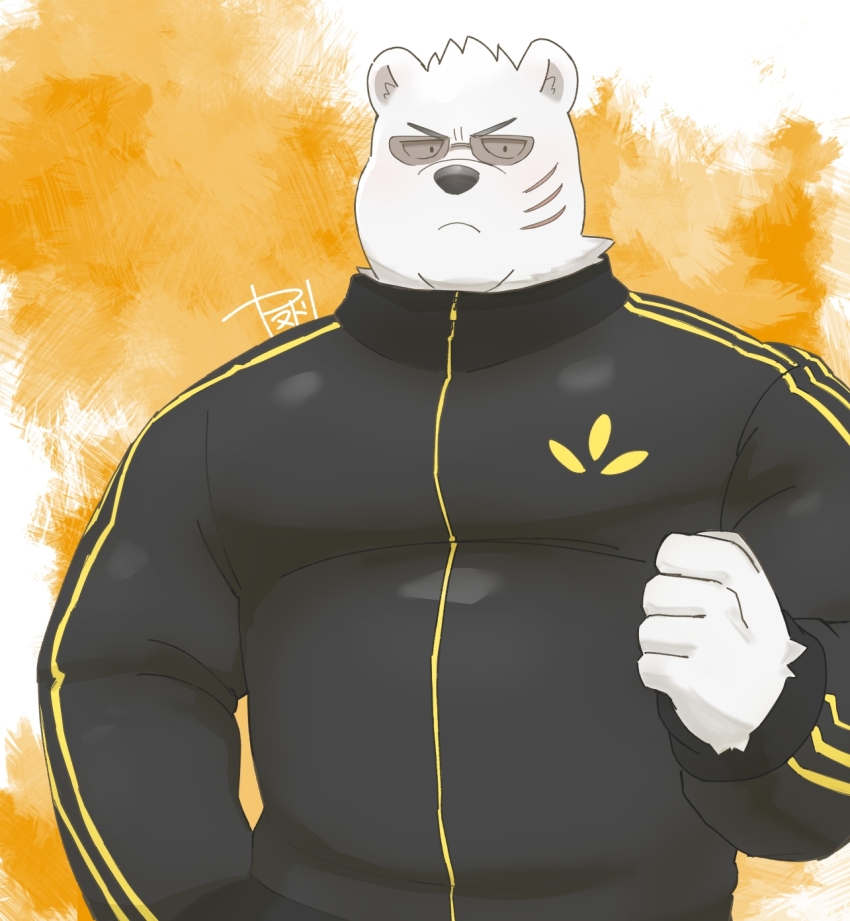 1boy, animal_ears, bara, bear_boy, bear_ears, black_jacket, character_request, frown