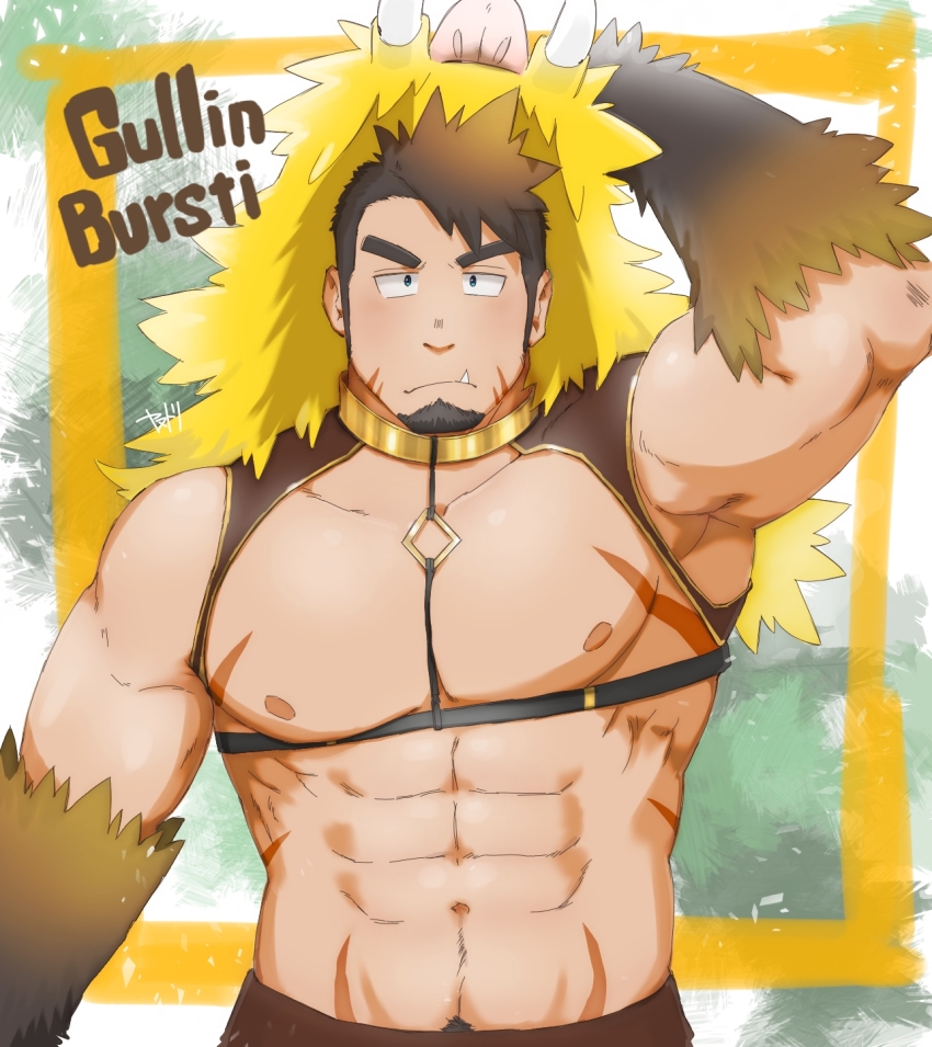 1boy, abs, animal_hood, bara, bare_pectorals, blush, boar_hood, body_fur