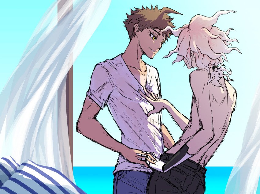 2boys, ahoge, alternate_costume, belt, black_belt, black_pants, blue_pants, brown_eyes