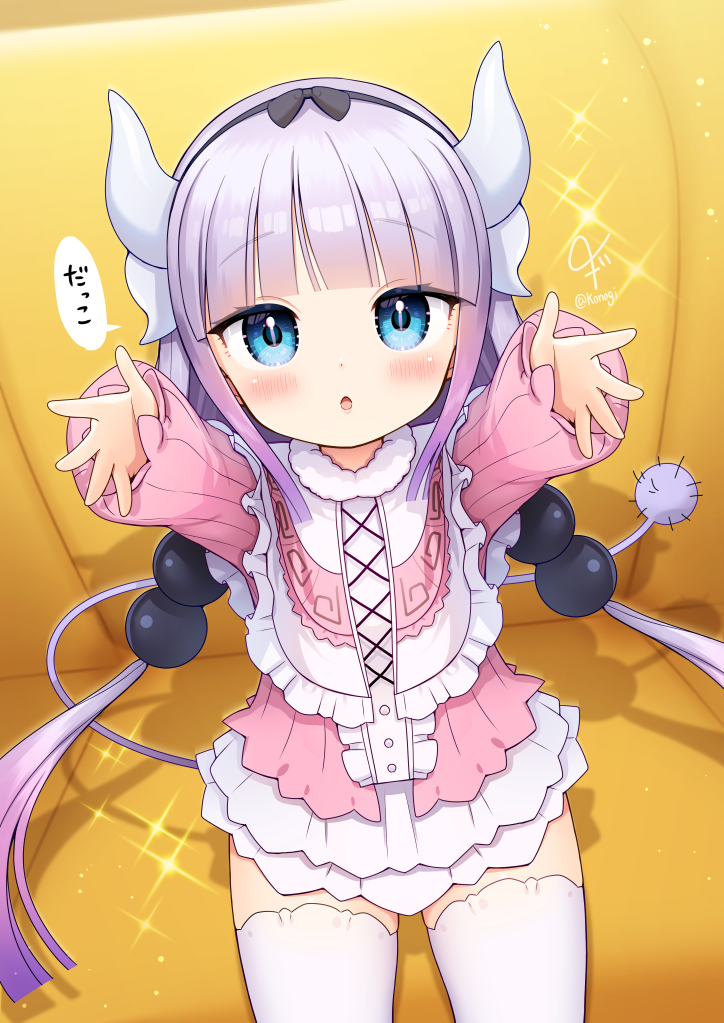 1girl, arms_up, beads, blue_eyes, blush, bow, capelet, couch