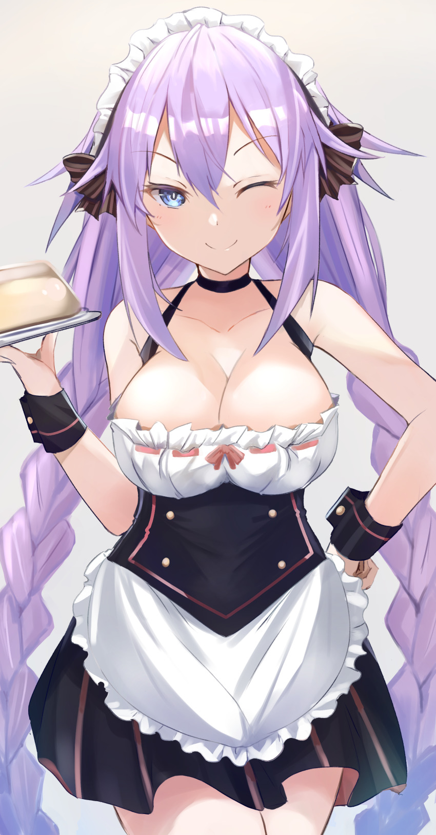 1girl, ;), absurdres, alternate_costume, apron, bare_shoulders, bimmy, black_dress