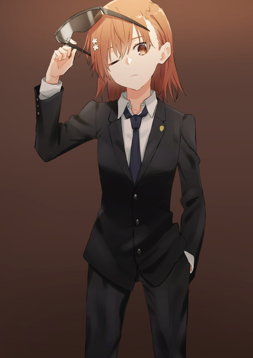 1girl, absurdres, adjusting_eyewear, aic_oekaki, black_jacket, black_pants, blue_necktie, bob_cut, brown_background, brown_hair, dress_shirt, eyewear_on_head, flower, formal_clothes, gradient_background, hair_flower, hair_ornament, hairclip, hand_in_pocket, hand_up, head_tilt, highres, holding, holding_removed_eyewear, jacket, long_sleeves, looking_at_viewer, misaka_mikoto, necktie, one_eye_closed, pant_suit, pants, shirt, short_hair, solo, suit, suit_jacket, sunglasses, thigh_gap, toaru_kagaku_no_railgun, toaru_kagaku_no_railgun_t, toaru_majutsu_no_index, unworn_eyewear, white_flower, white_shirt