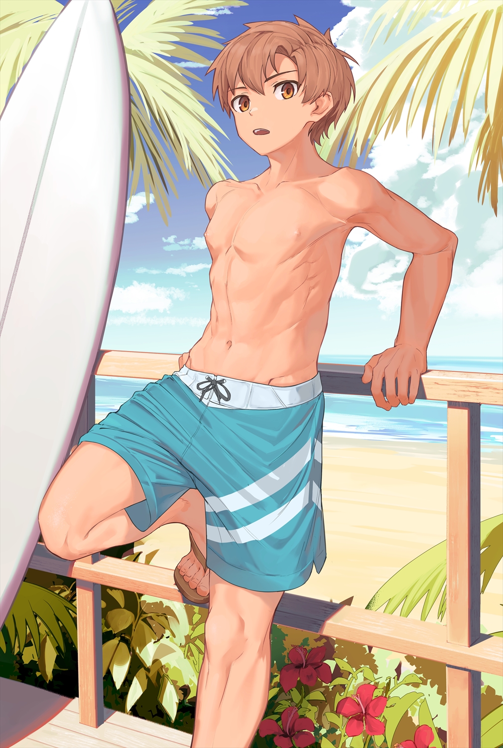 1boy, against_railing, arm_support, beach, blue_male_swimwear, brown_eyes, brown_hair, collarbone