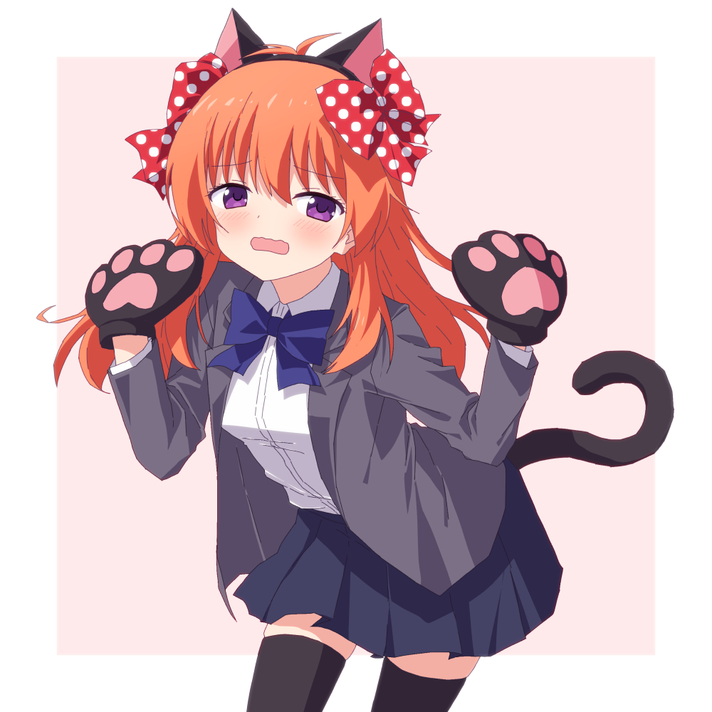 1girl, animal_ears, animal_hands, bad_id, bad_pixiv_id, black_thighhighs, blue_bow, blue_bowtie, blue_skirt, blush, bow, bowtie, breasts, cat_ears, cat_paws, cat_tail, collared_shirt, commentary, cowboy_shot, fake_animal_ears, gekkan_shoujo_nozaki-kun, grey_jacket, hair_between_eyes, hair_bow, hands_up, jacket, long_hair, long_sleeves, looking_at_viewer, open_mouth, orange_hair, oueo, pleated_skirt, polka_dot, polka_dot_bow, purple_eyes, rouman_academy_school_uniform, sakura_chiyo, school_uniform, shirt, skirt, solo, standing, tail, thighhighs, two-tone_background, white_background, white_shirt, zettai_ryouiki
