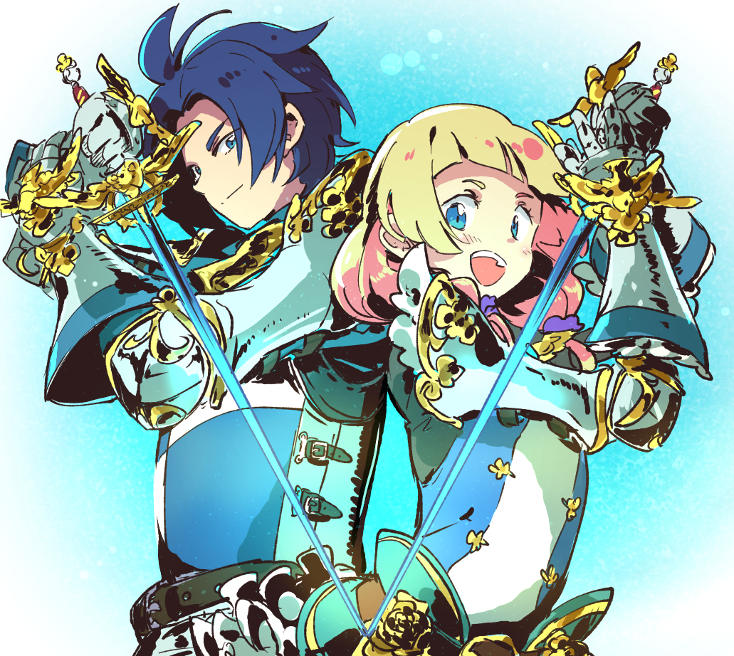 1boy, 1girl, :d, back-to-back, blonde_hair, blue_eyes, blue_hair, etrian_odyssey