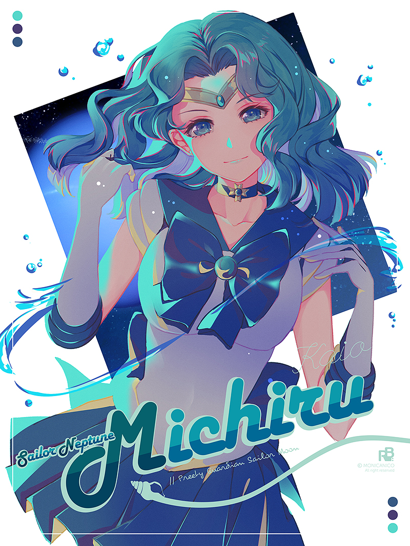 1girl, aqua_sailor_collar, aqua_skirt, bishoujo_senshi_sailor_moon, blue_background, blue_choker, blue_theme, bow