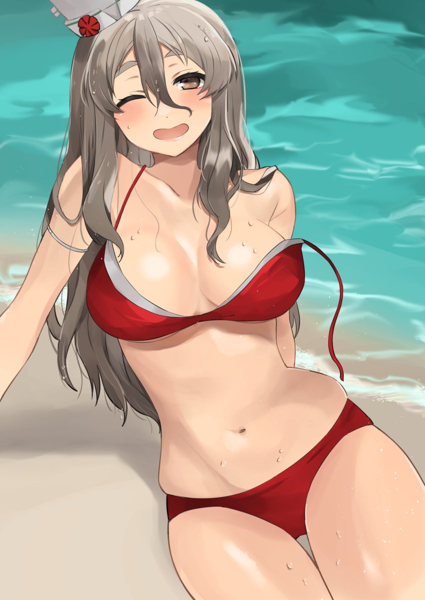 1girl, absurdres, bikini, breasts, brown_eyes, commentary_request, drunk, grey_hair