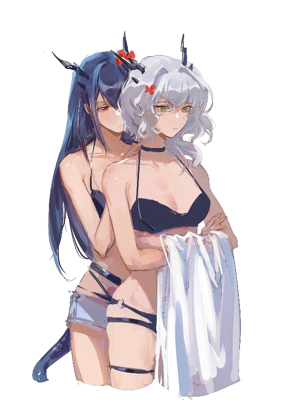 2girls, arknights, bikini, black_bikini, black_choker, blue_hair, breasts, ch'en_(arknights), ch'en_the_holungday_(arknights), ch'en_the_holungday_(elite_ii)_(arknights), choker, commentary, cropped_legs, dragon_horns, flower, hair_flower, hair_ornament, horns, long_hair, medium_breasts, multiple_girls, official_alternate_costume, red_eyes, red_flower, shenji_laurant, short_hair, siblings, silver_hair, simple_background, sisters, standing, swimsuit, untranslatable_commentary, talulah_(arknights), white_background, yellow_eyes