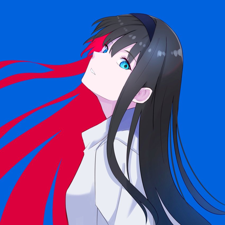 1girl, black_hair, blue_background, blue_eyes, commentary_request, dress, floating_hair, from_side
