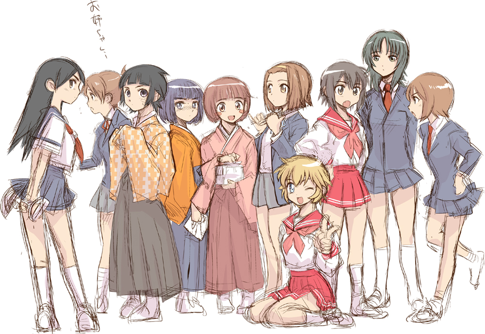 00s, 6+girls, atsuko_(minami-ke), blazer, blonde_hair, blue_eyes, blunt_bangs, blush_stickers