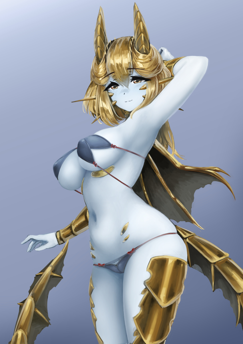 1girl, arm_up, armpits, arms_behind_head, barbariank, bikini, blonde_hair, breasts, colored_skin, commentary, cowboy_shot, dragon_girl, dragon_tail, english_commentary, gold_dragon_(d&amp;d), gold_horns, grey_background, hair_between_eyes, highres, horns, large_breasts, long_hair, looking_at_viewer, monster_girl, navel, personification, scales, simple_background, smile, solo, stomach, string_bikini, swimsuit, tail, white_skin, wings, wizards_of_the_coast, yellow_eyes