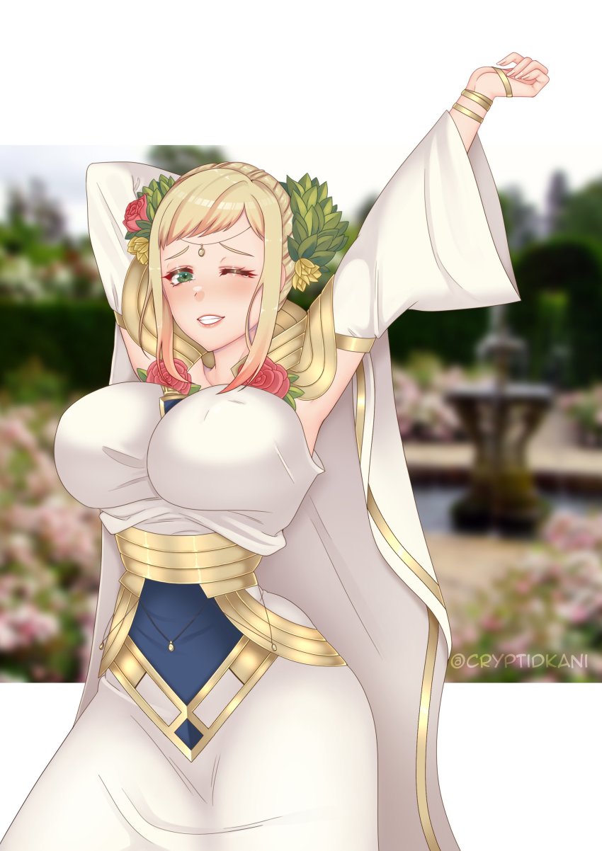 1girl, absurdres, arms_up, blonde_hair, blush, breasts, cape, commentary, commission, covered_erect_nipples, cryptid_crab, detached_sleeves, dress, english_commentary, fire_emblem, fire_emblem_heroes, flower, gradient_hair, green_eyes, grin, hair_flower, hair_ornament, henriette_(fire_emblem), henriette_(valentine)_(fire_emblem), highres, huge_breasts, jewelry, lips, looking_at_viewer, multicolored_hair, nintendo, official_alternate_costume, one_eye_closed, pink_hair, rose, short_hair, sidelocks, smile, solo, stretching, twitter_username, white_cape, wide_hips, wide_sleeves